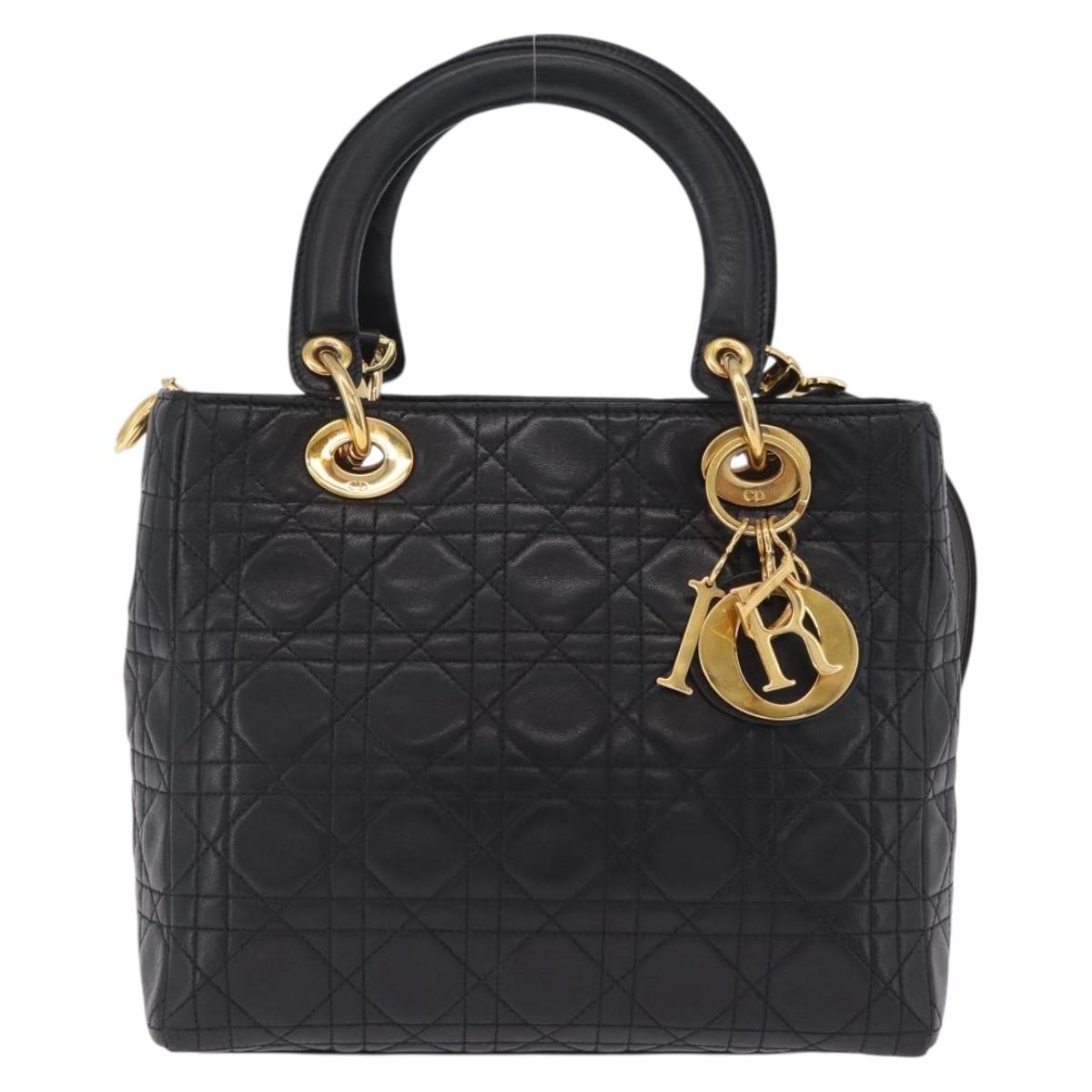 Christian Dior Canage Lady Dior Hand Bag Lamb Skin 2way Black Gold Auth 211553V