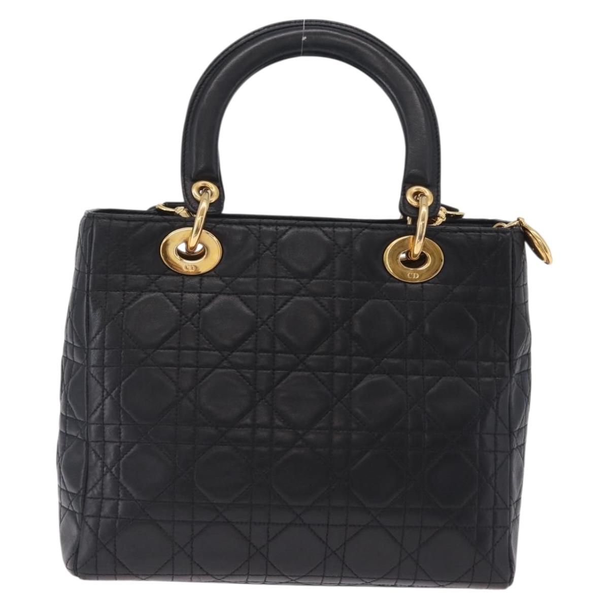 Christian Dior Canage Lady Dior Hand Bag Lamb Skin 2way Black Gold Auth 211553V