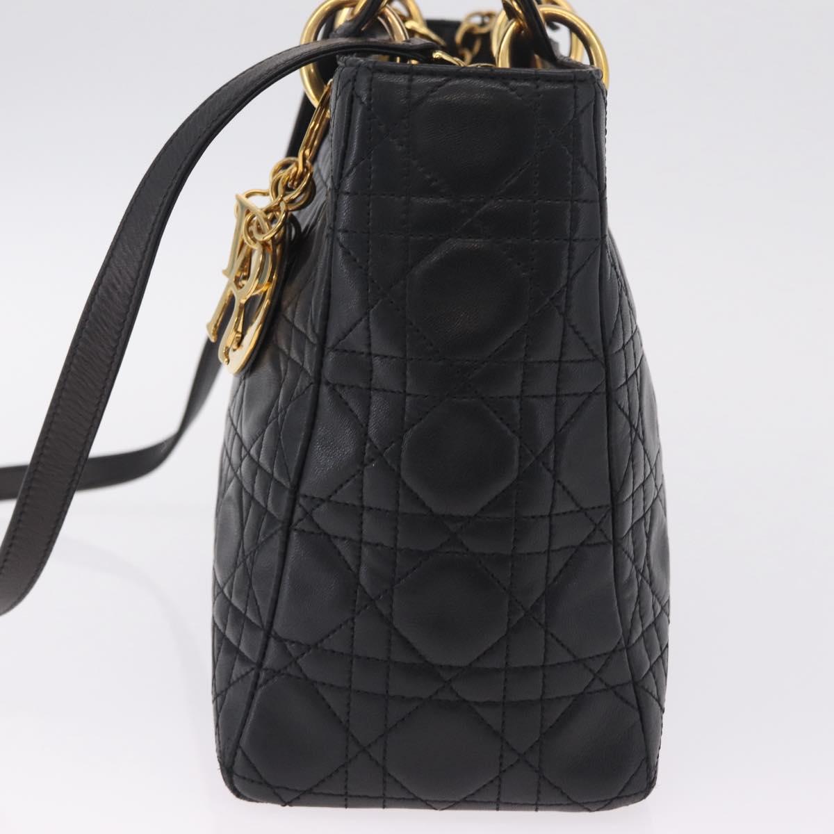 Christian Dior Canage Lady Dior Hand Bag Lamb Skin 2way Black Gold Auth 211553V