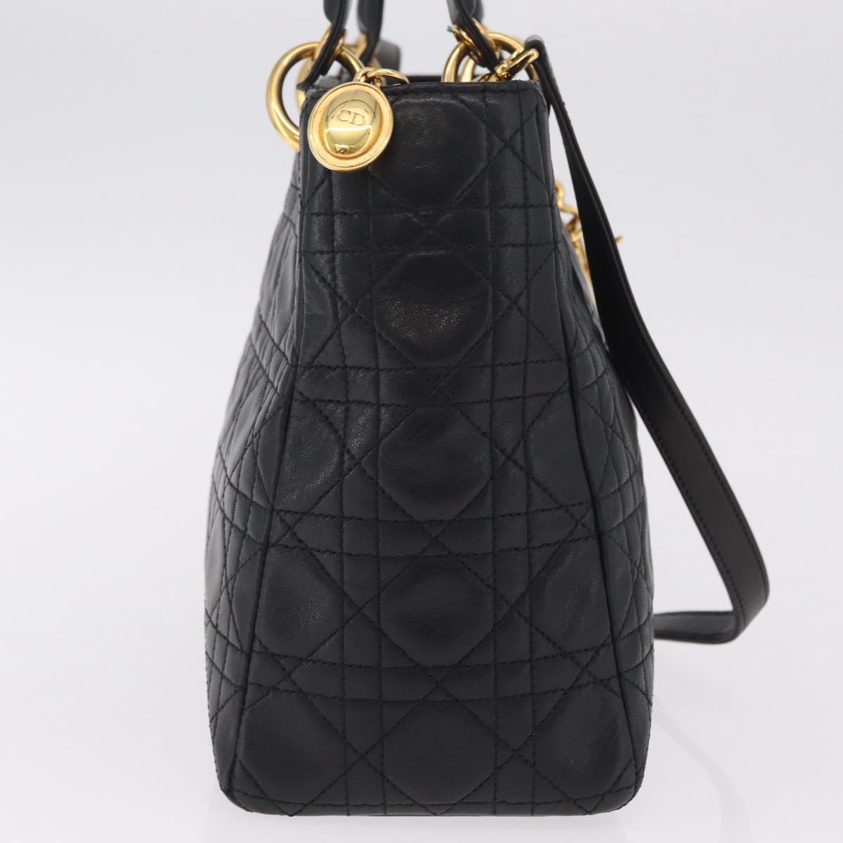 Christian Dior Canage Lady Dior Hand Bag Lamb Skin 2way Black Gold Auth 211553V