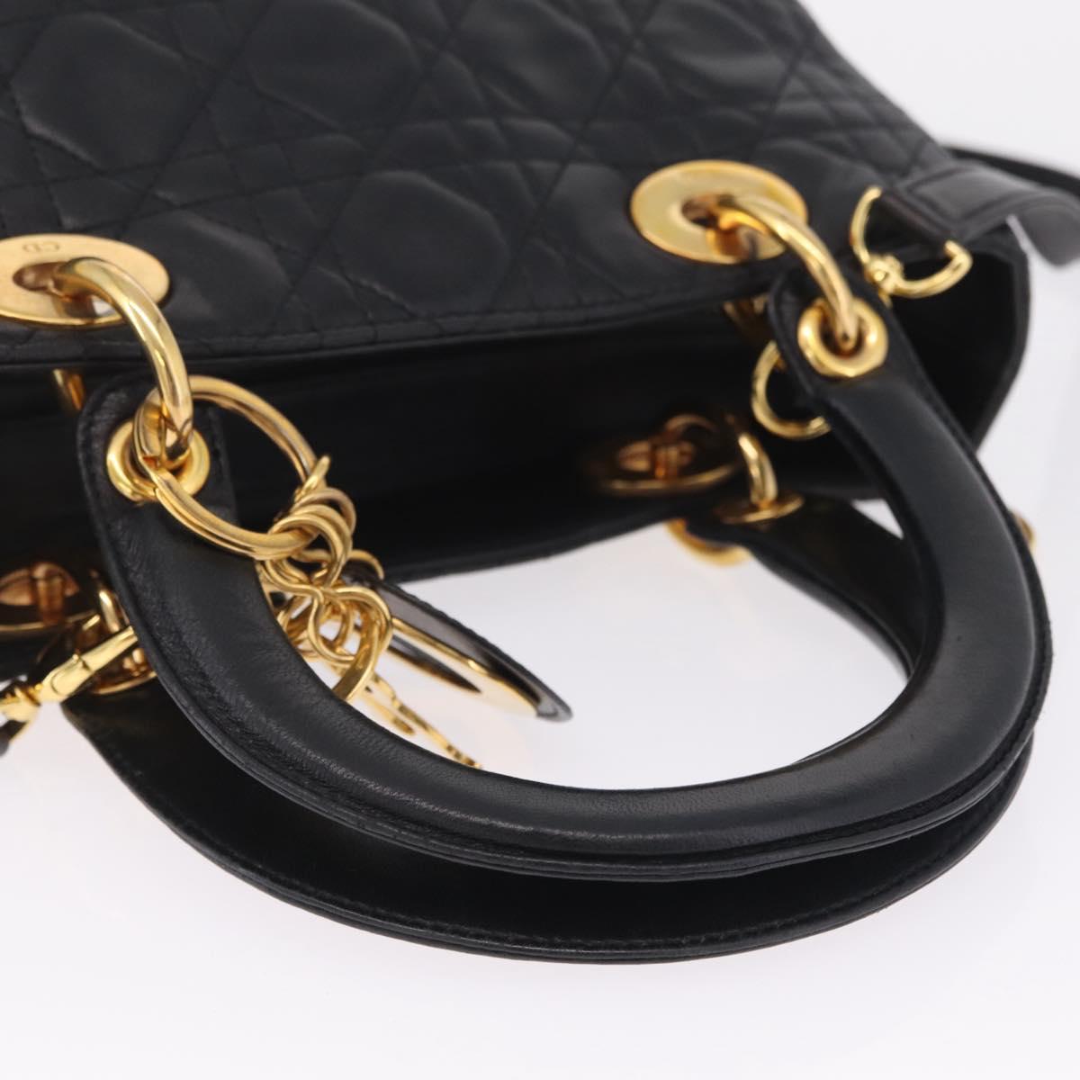 Christian Dior Canage Lady Dior Hand Bag Lamb Skin 2way Black Gold Auth 211553V
