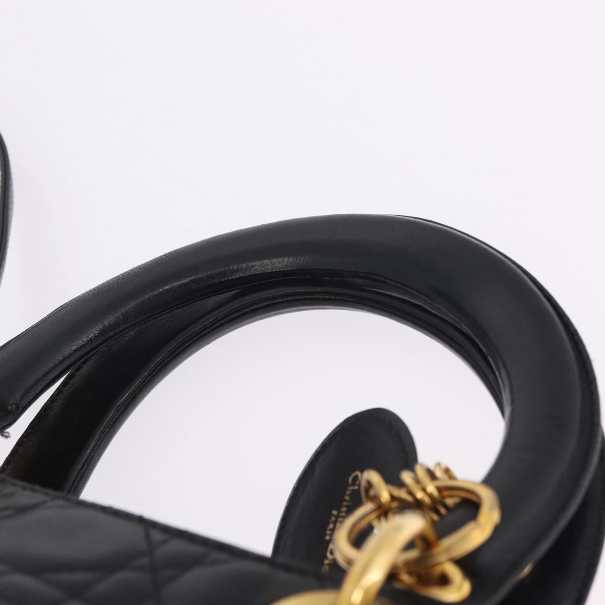 Christian Dior Canage Lady Dior Hand Bag Lamb Skin 2way Black Gold Auth 211553V