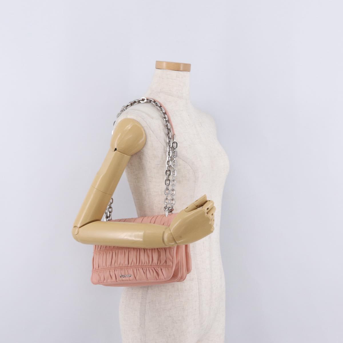 PRADA Gathered Chain Shoulder Bag Leather Pink Silver Auth 211648V