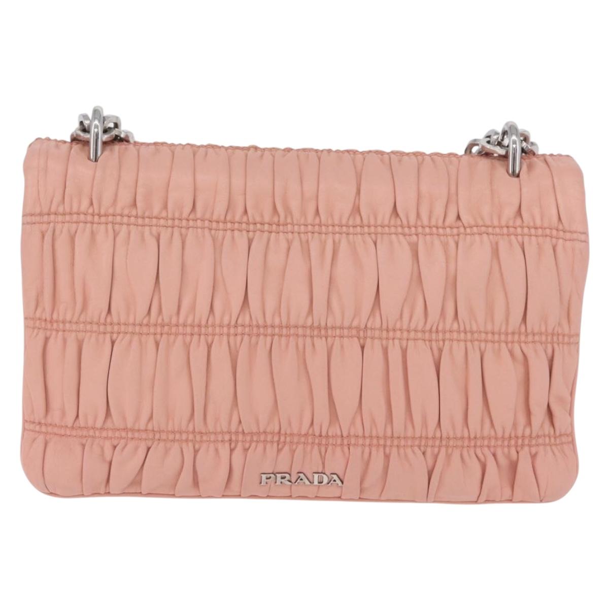 PRADA Gathered Chain Shoulder Bag Leather Pink Silver Auth 211648V