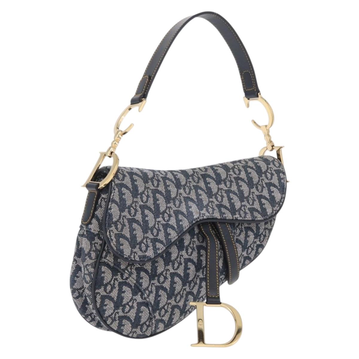Christian Dior Trotter Canvas saddle Shoulder Bag Navy Gold Auth 211697SAV