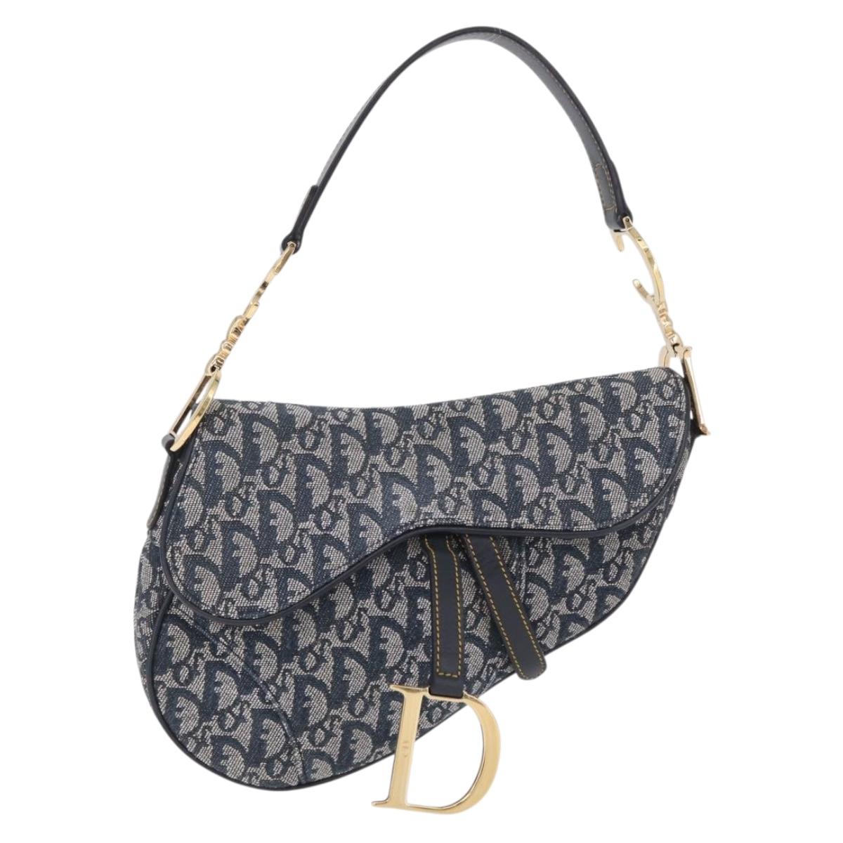 Christian Dior Trotter Canvas saddle Shoulder Bag Navy Gold Auth 211697SAV