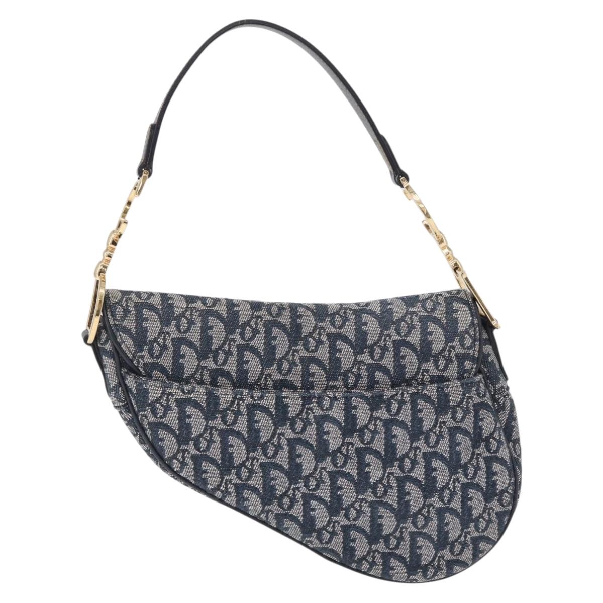 Christian Dior Trotter Canvas saddle Shoulder Bag Navy Gold Auth 211697SAV