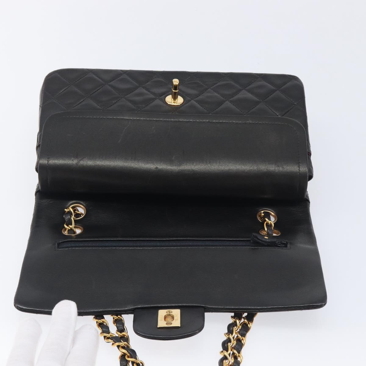 CHANEL Matelasse 25 Chain Shoulder Bag Lamb Skin Black Gold CC Auth 211705SV