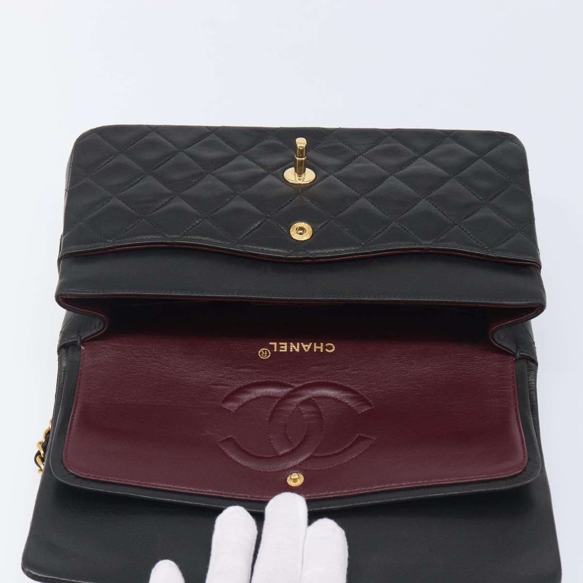 CHANEL Matelasse 25 Chain Shoulder Bag Lamb Skin Black Gold CC Auth 211705SV