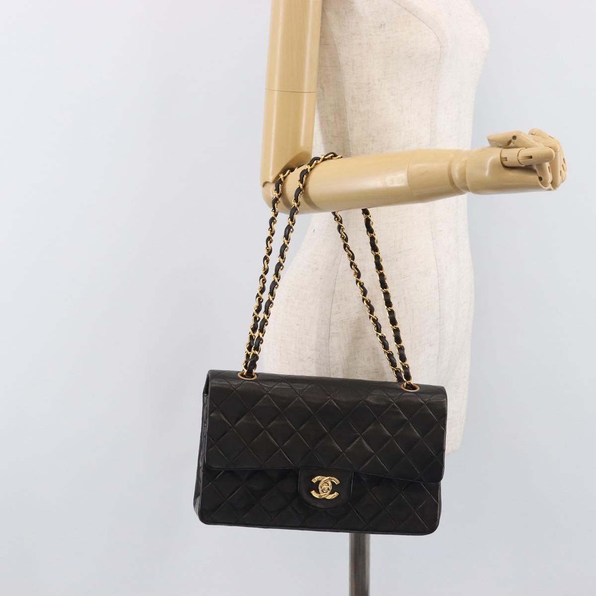CHANEL Matelasse 25 Chain Shoulder Bag Lamb Skin Black Gold CC Auth 211705SV