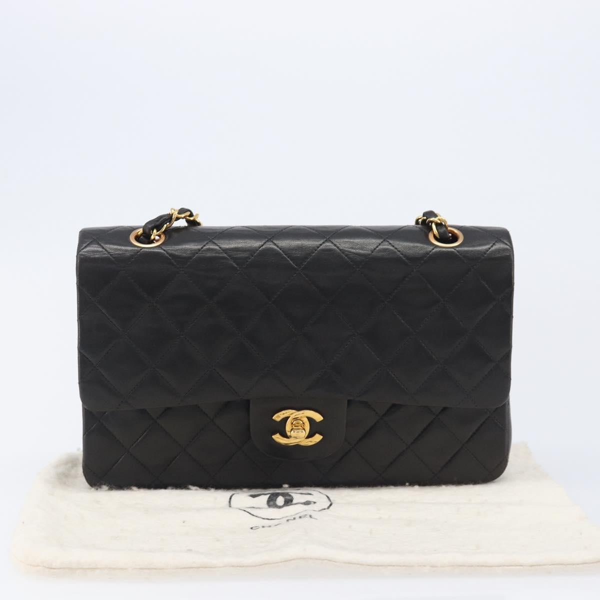 CHANEL Matelasse 25 Chain Shoulder Bag Lamb Skin Black Gold CC Auth 211705SV