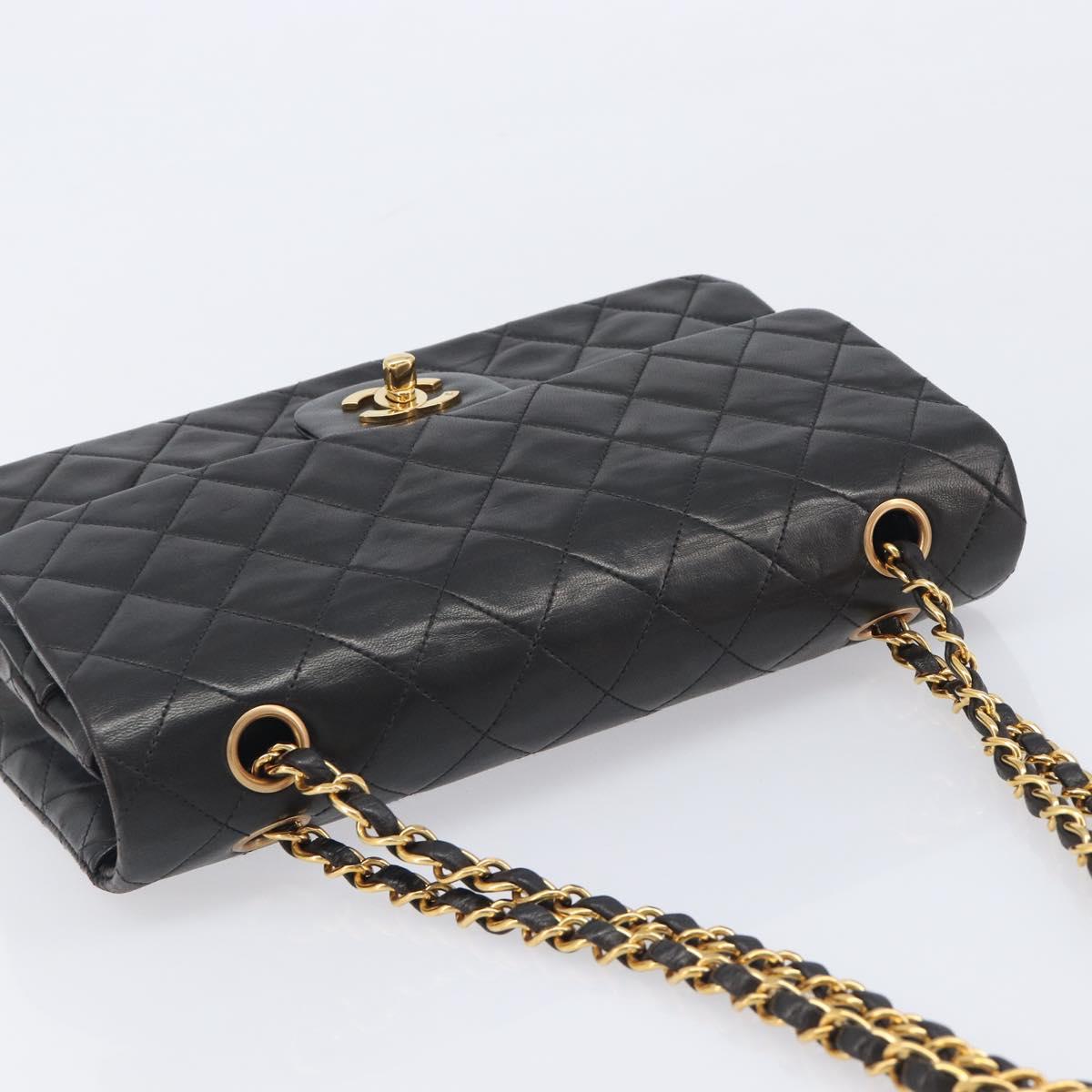 CHANEL Matelasse 25 Chain Shoulder Bag Lamb Skin Black Gold CC Auth 211705SV