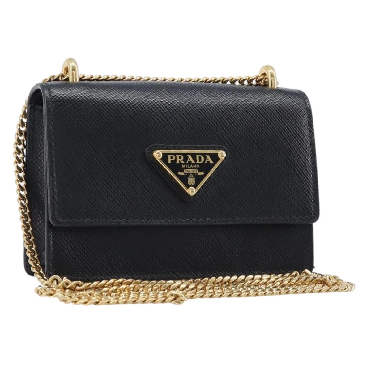 PRADA Chain Pouch Saffiano leather Black Gold Auth 211715V