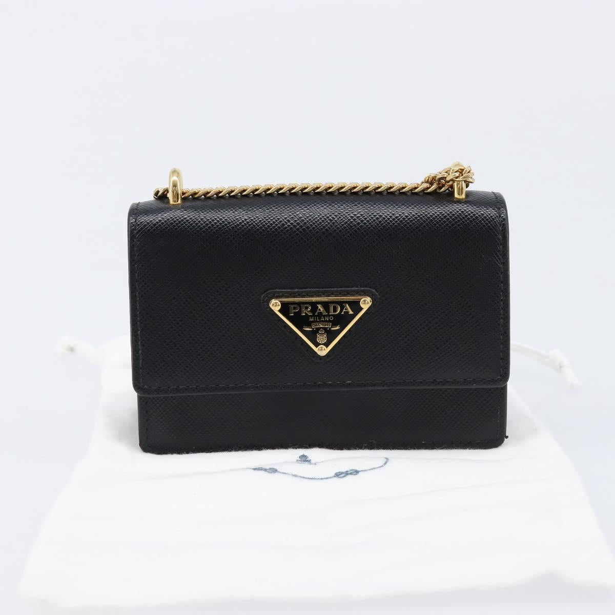 PRADA Chain Pouch Saffiano leather Black Gold Auth 211715V