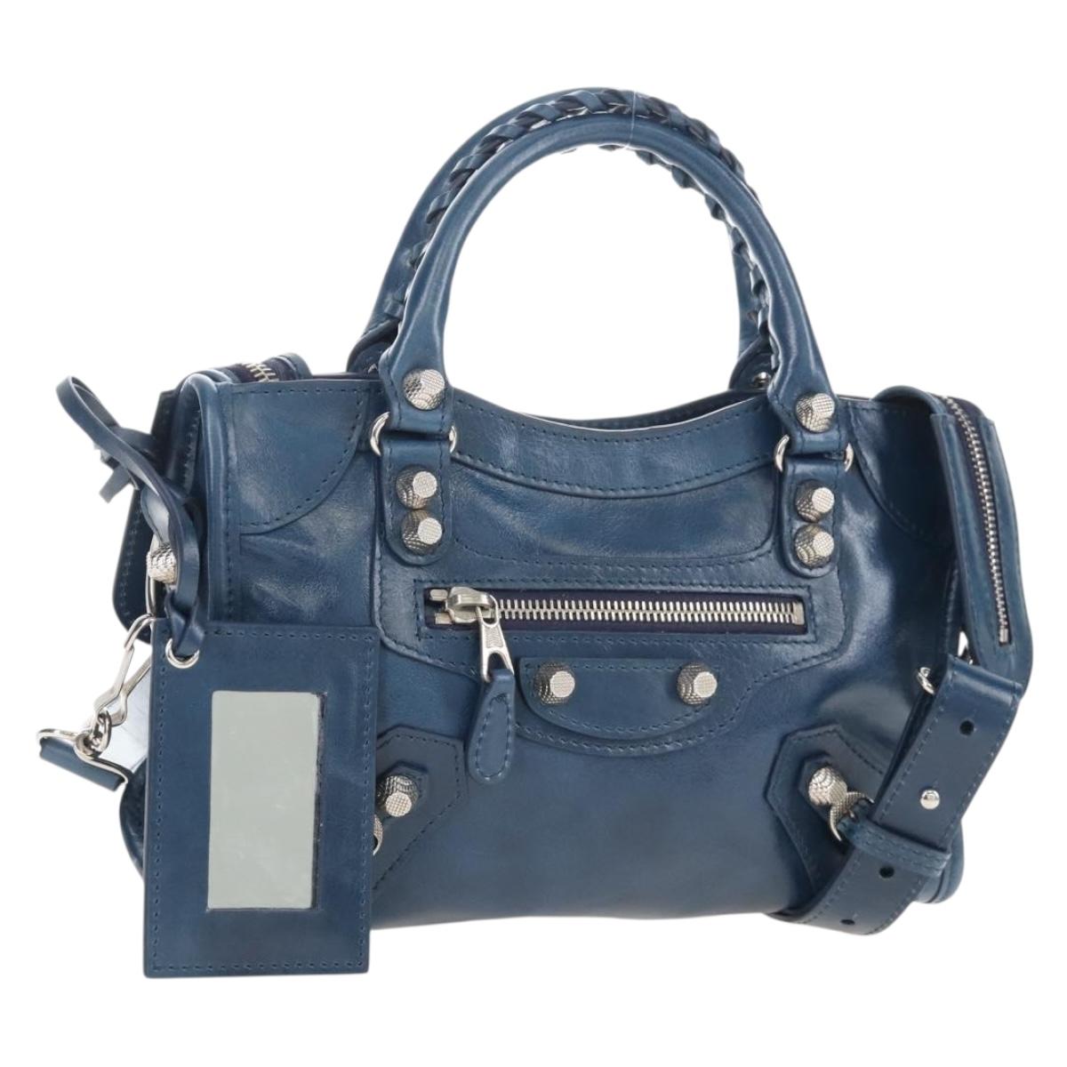 Balenciaga Giant Mini City Bag Leather 2way Navy Silver 309544 Auth 211729SAM