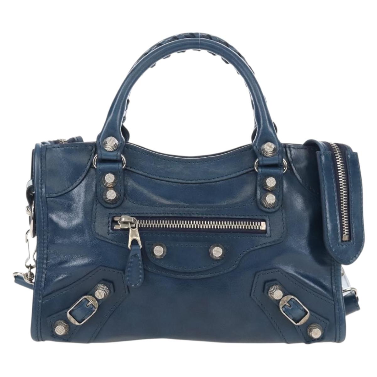 Balenciaga Giant Mini City Bag Leather 2way Navy Silver 309544 Auth 211729SAM