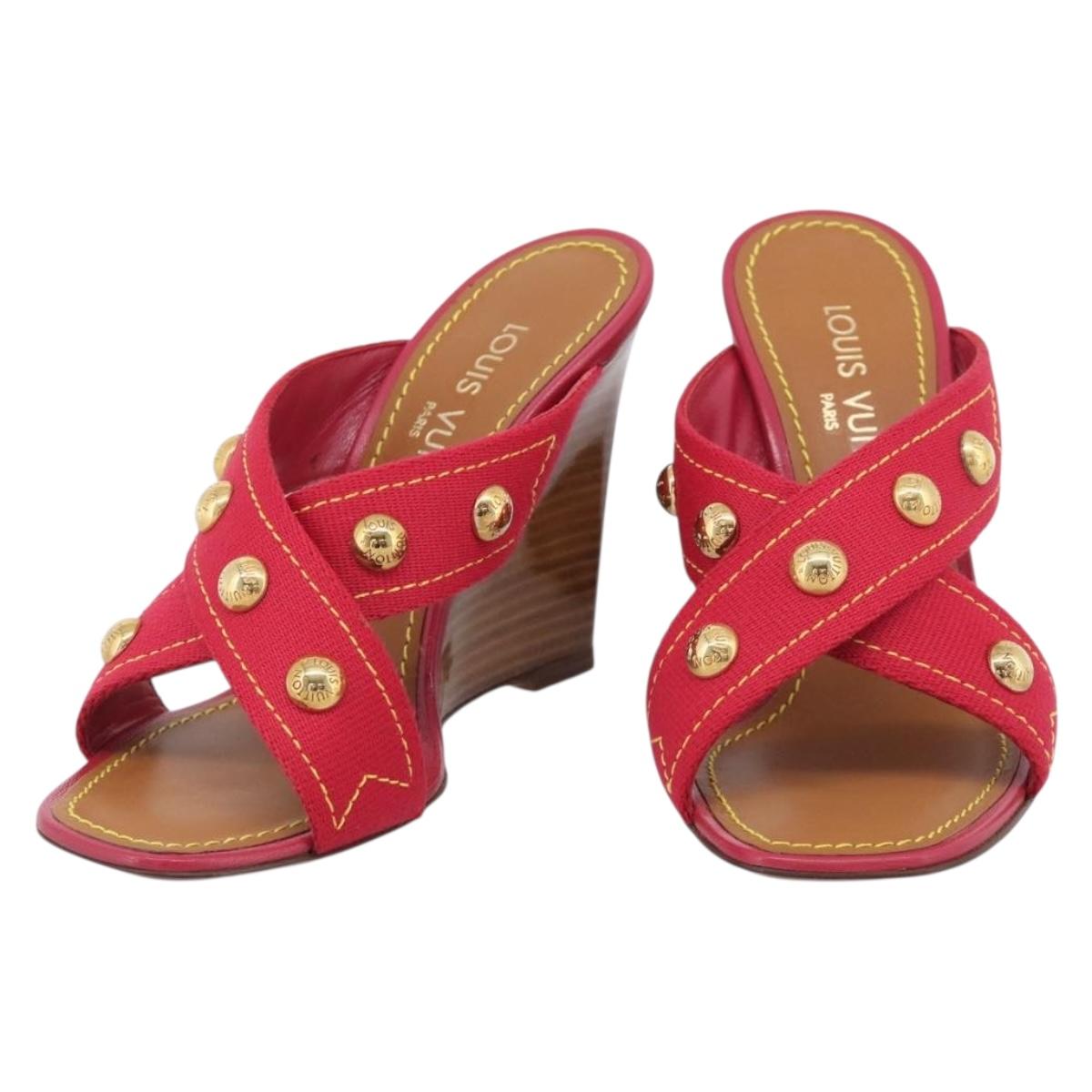 LOUIS VUITTON Sandals Canvas 35 1/2 Red LV Auth 211741V