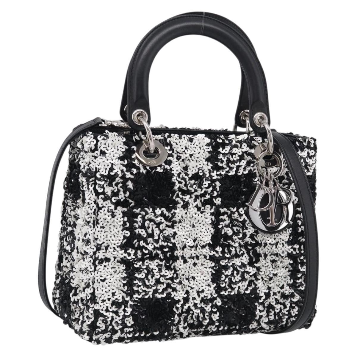 Christian Dior Lady Dior Canage Hand Bag Sequin 2way Black Silver Auth 211770SAM