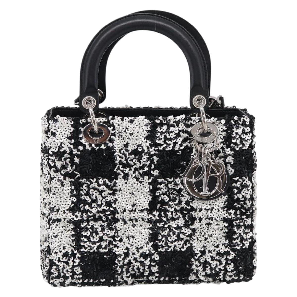 Christian Dior Lady Dior Canage Hand Bag Sequin 2way Black Silver Auth 211770SAM