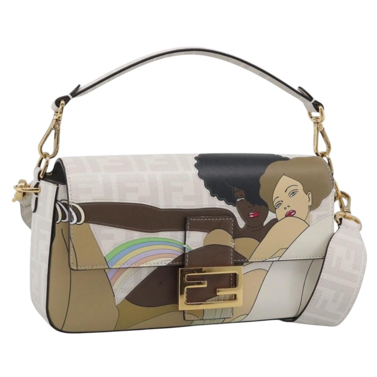 FENDI Zucca Canvas Mamma Baguette Bag PVC 2way White Gold 8BR600 Auth 211779SAM