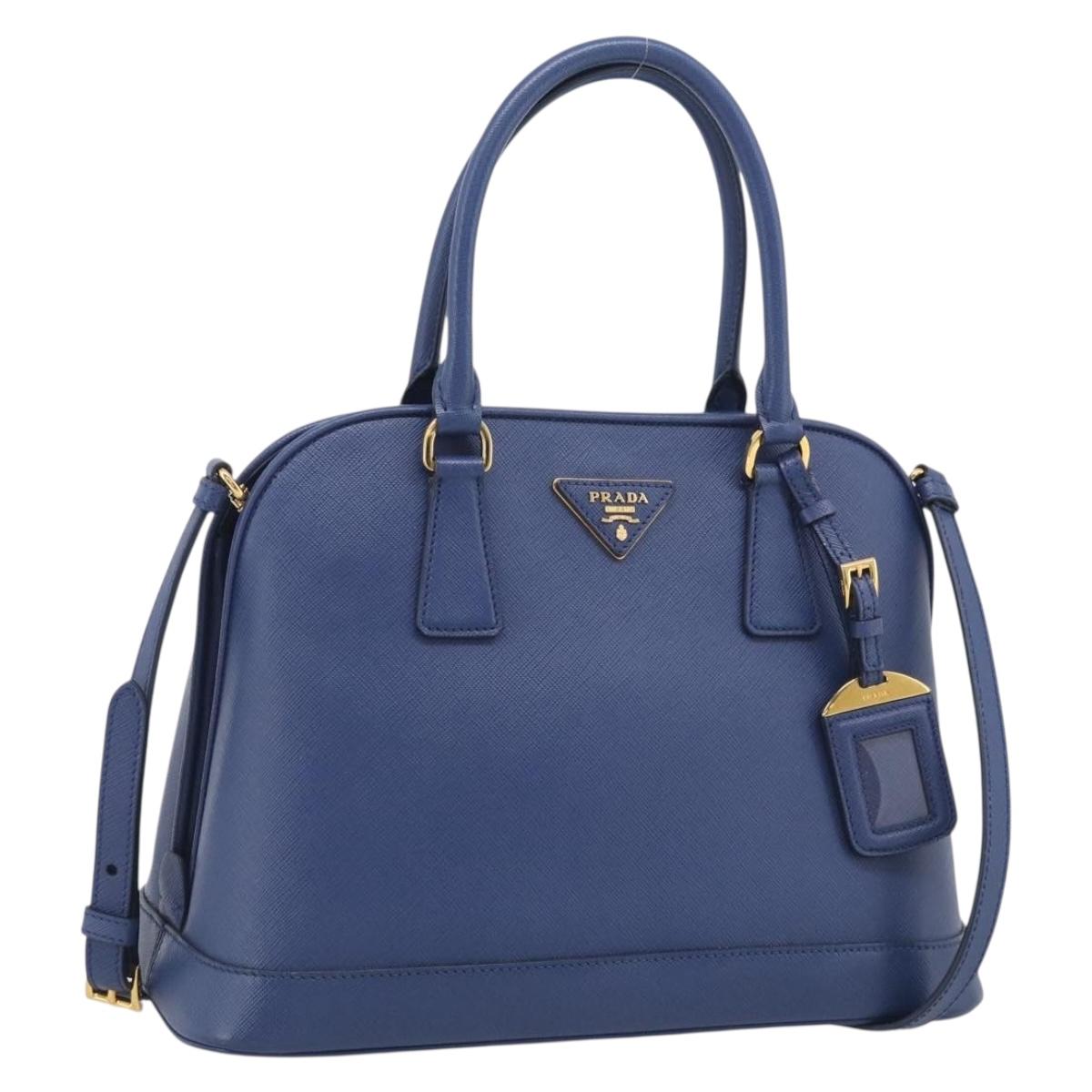 PRADA Promenade Hand Bag Saffiano leather 2way Blue Gold Auth 211781V