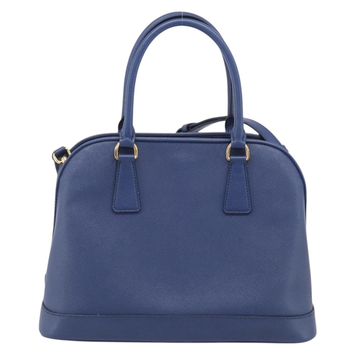 PRADA Promenade Hand Bag Saffiano leather 2way Blue Gold Auth 211781V