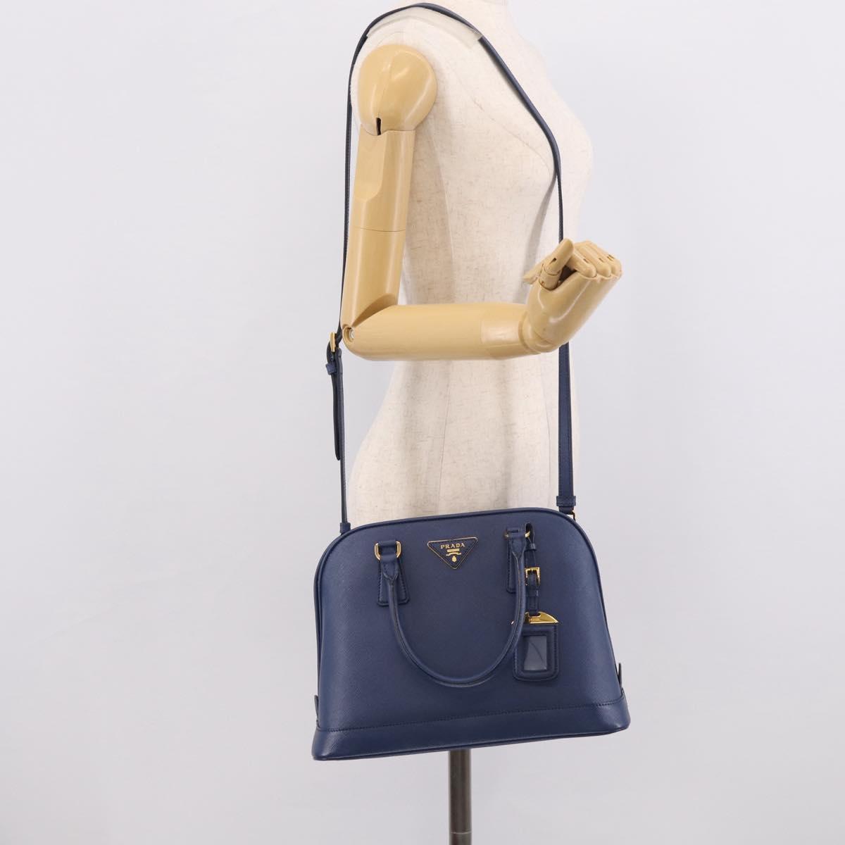 PRADA Promenade Hand Bag Saffiano leather 2way Blue Gold Auth 211781V