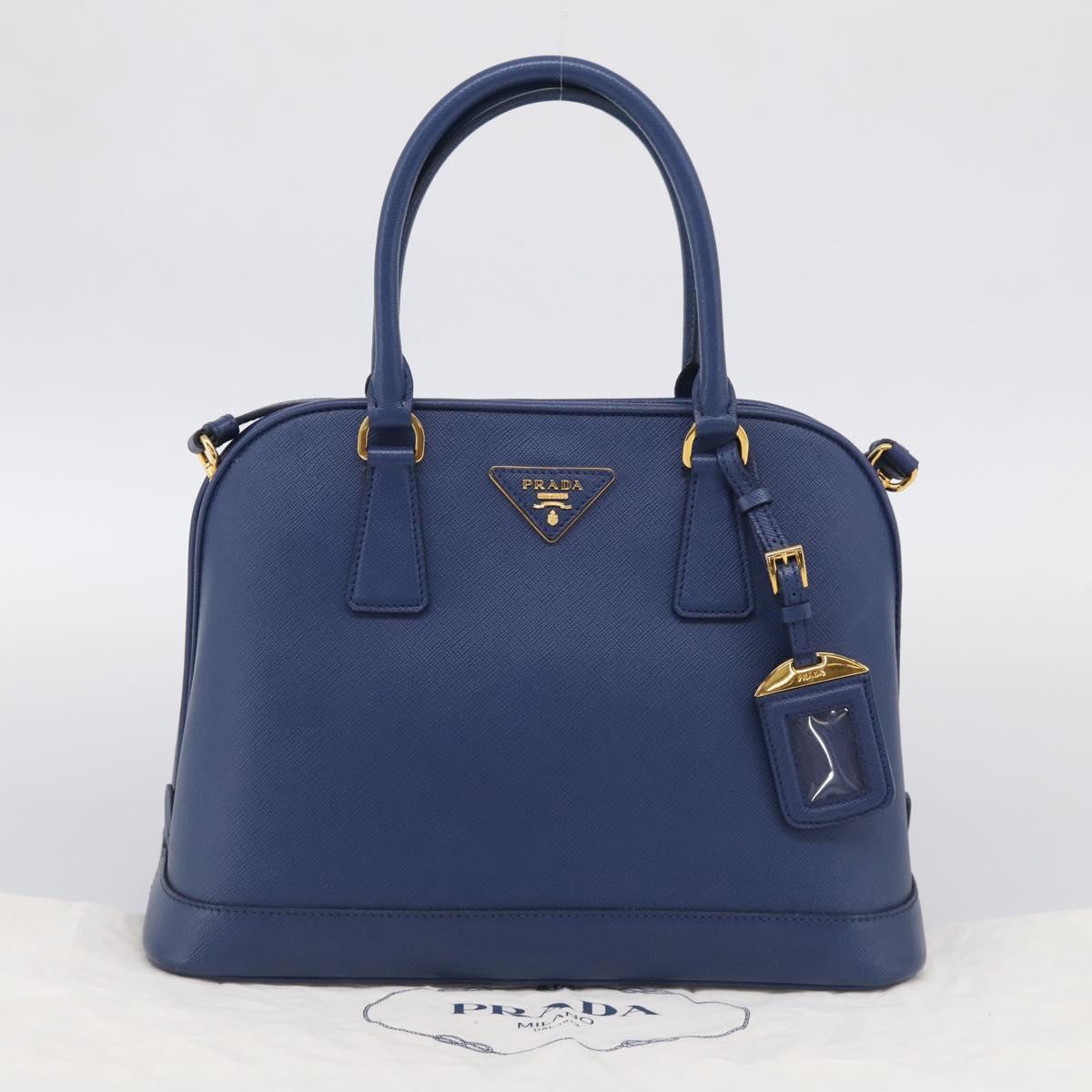 PRADA Promenade Hand Bag Saffiano leather 2way Blue Gold Auth 211781V