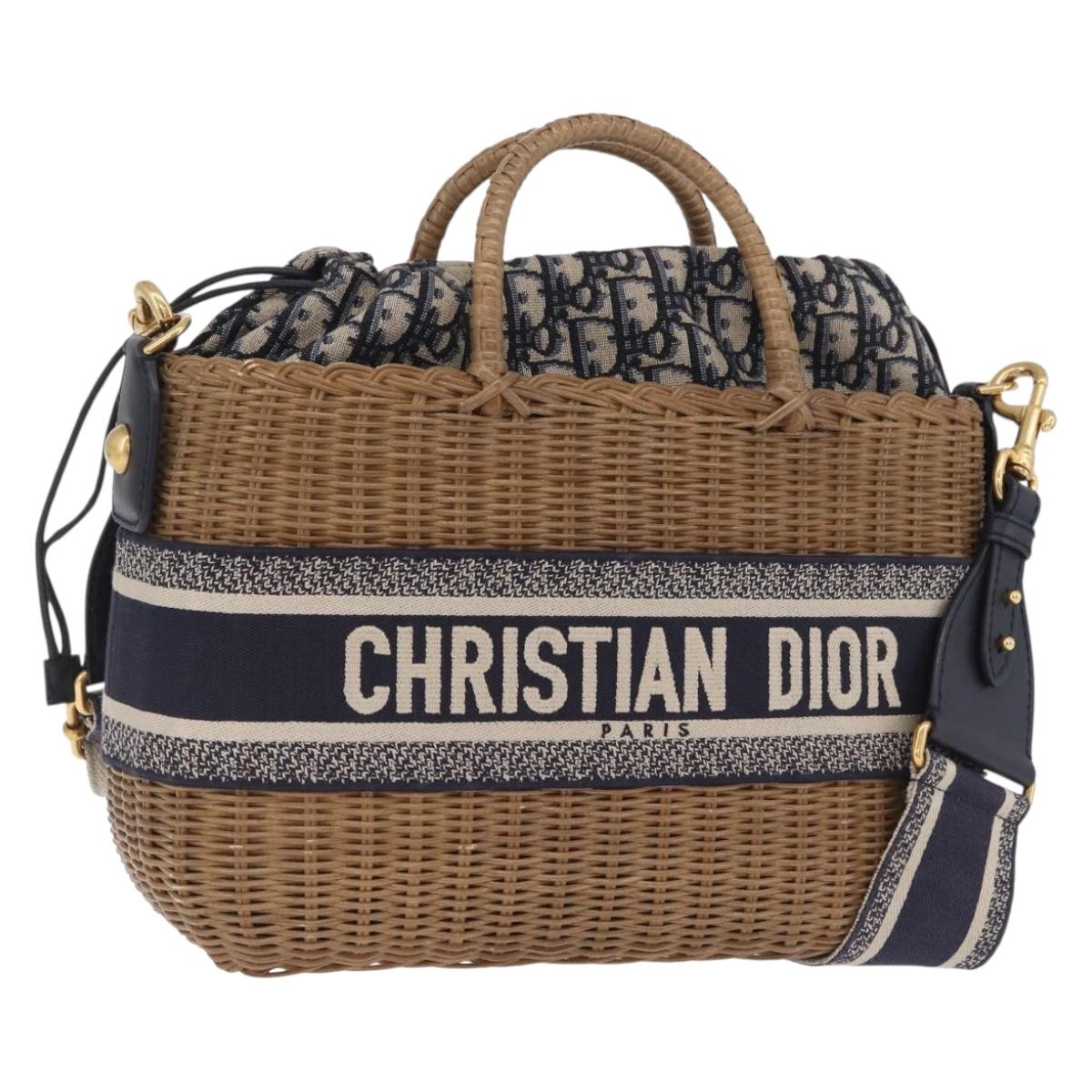 Christian Dior Book Tote Hand Bag Rattan 2way Beige Gold Auth 211782M