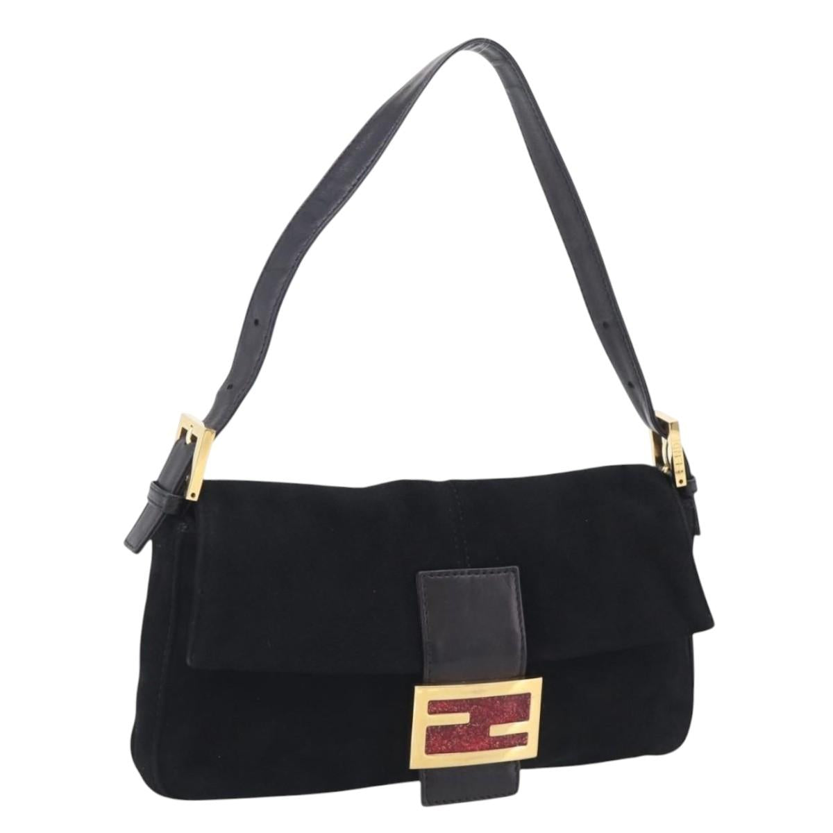 FENDI Mamma Baguette Shoulder Bag Suede Black Gold Auth 211783V