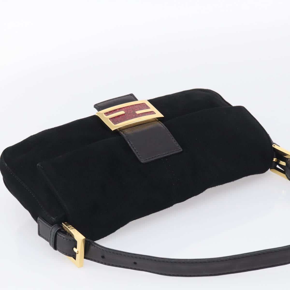FENDI Mamma Baguette Shoulder Bag Suede Black Gold Auth 211783V