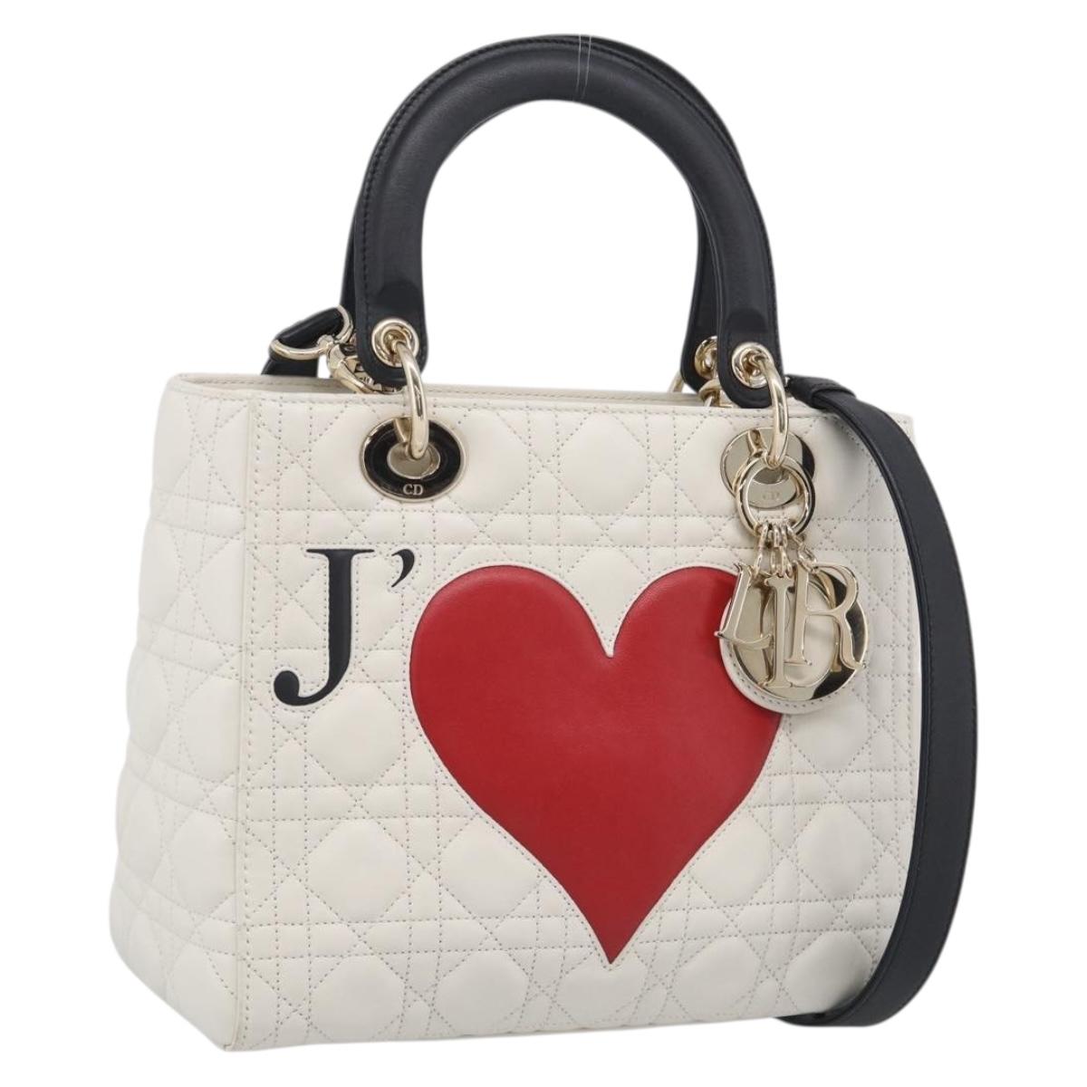 Christian Dior Lady Dior Canage Bag Lamb Skin 2way White Gold Auth 211787SAM