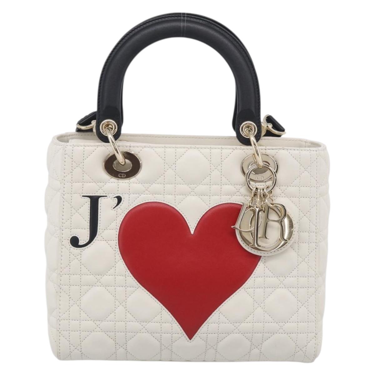 Christian Dior Lady Dior Canage Bag Lamb Skin 2way White Gold Auth 211787SAM