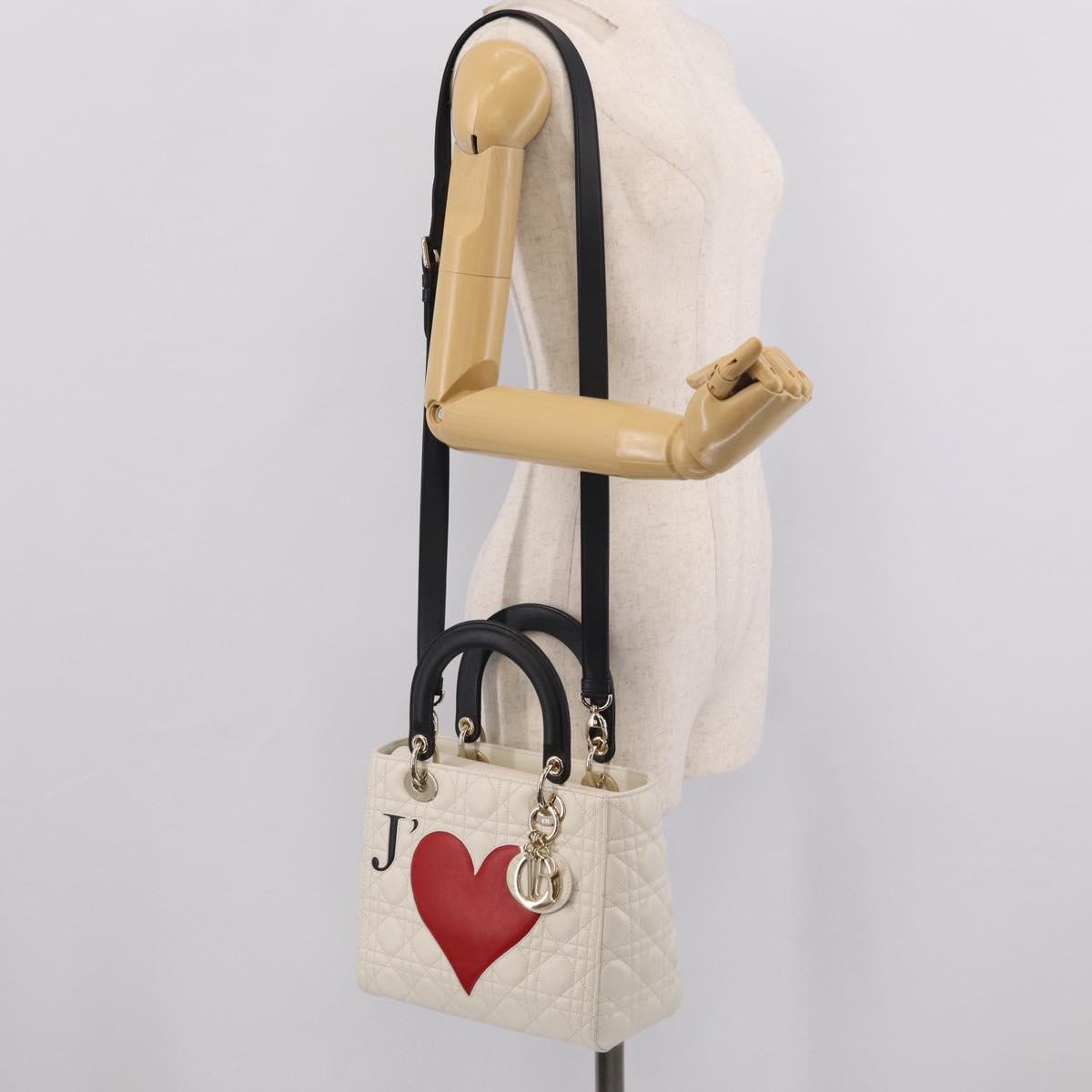 Christian Dior Lady Dior Canage Bag Lamb Skin 2way White Gold Auth 211787SAM