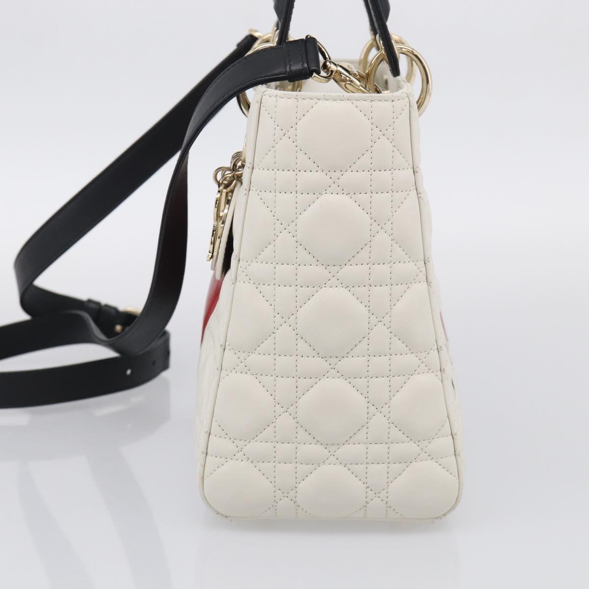 Christian Dior Lady Dior Canage Bag Lamb Skin 2way White Gold Auth 211787SAM