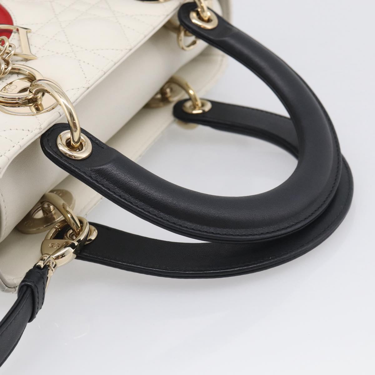 Christian Dior Lady Dior Canage Bag Lamb Skin 2way White Gold Auth 211787SAM