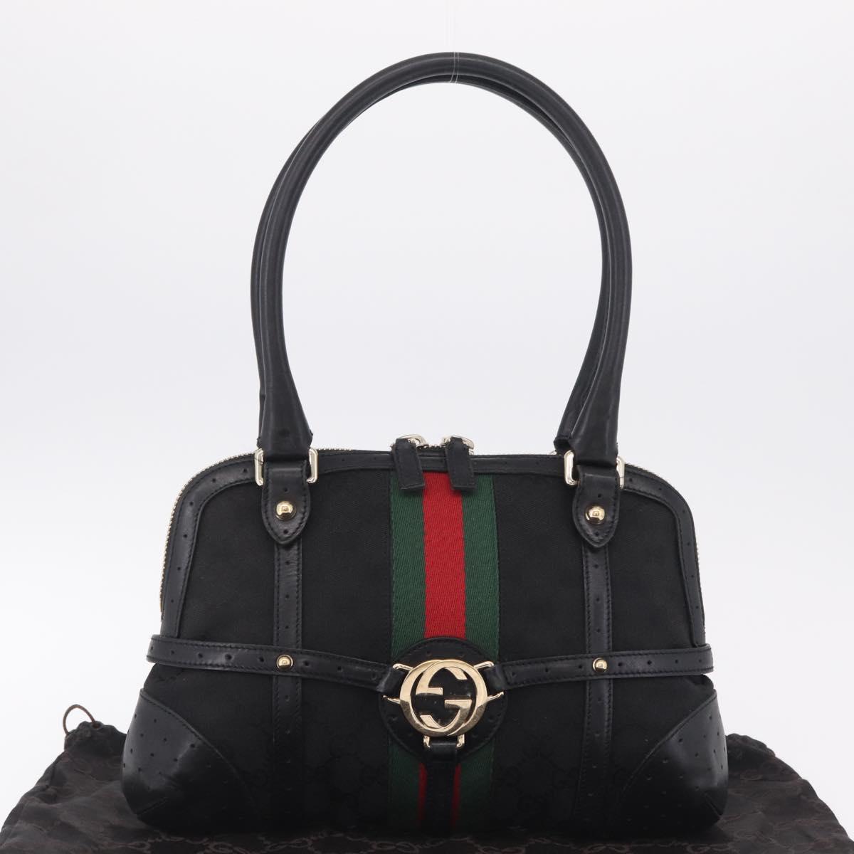 GUCCI Web Sherry Line Hand Bag Leather Black Gold 114882 Auth 211805V