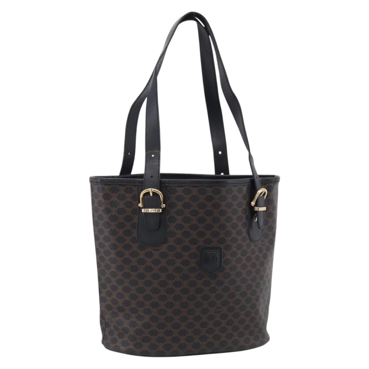 CELINE Macadam Canvas Tote Bag PVC Leather Black Gold Auth 211806A