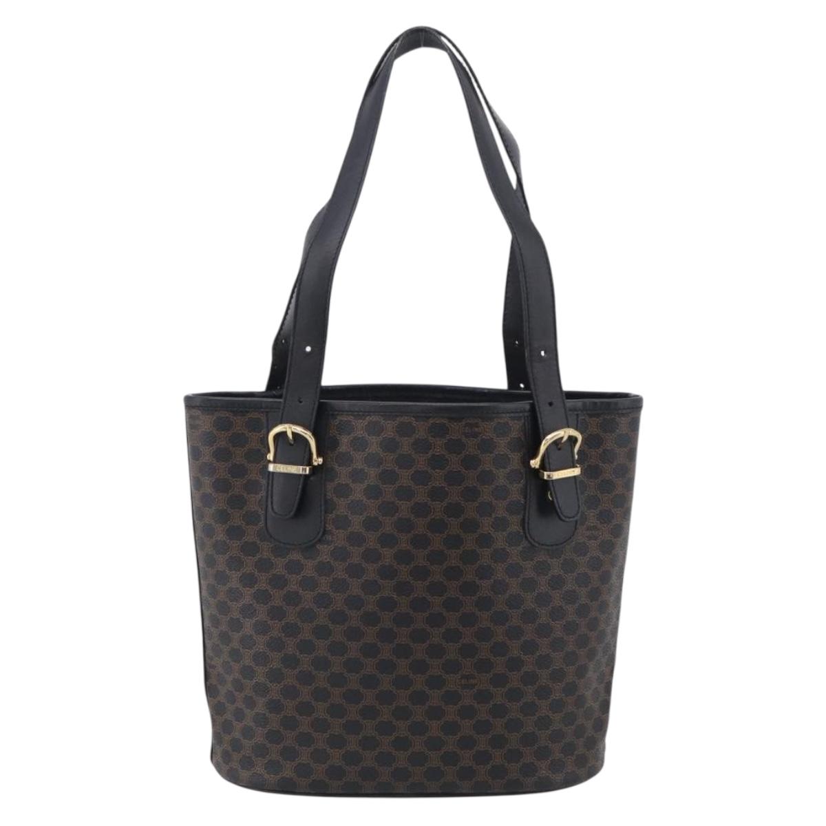 CELINE Macadam Canvas Tote Bag PVC Leather Black Gold Auth 211806A