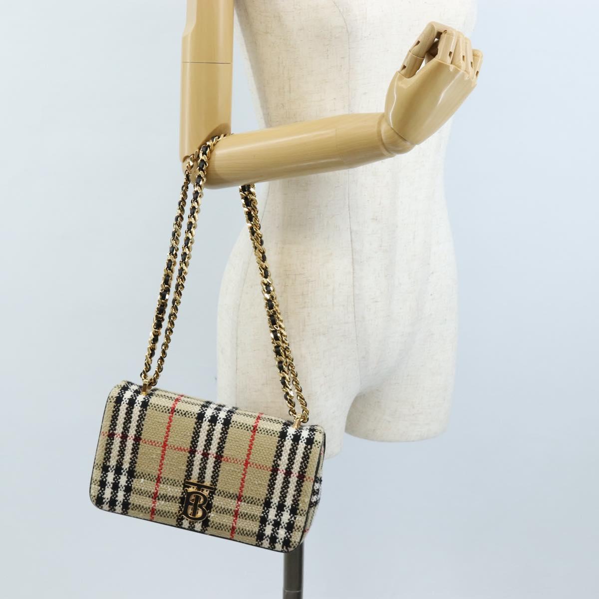 BURBERRY Chain Shoulder Bag Canvas Beige Gold Tone Auth 211838M