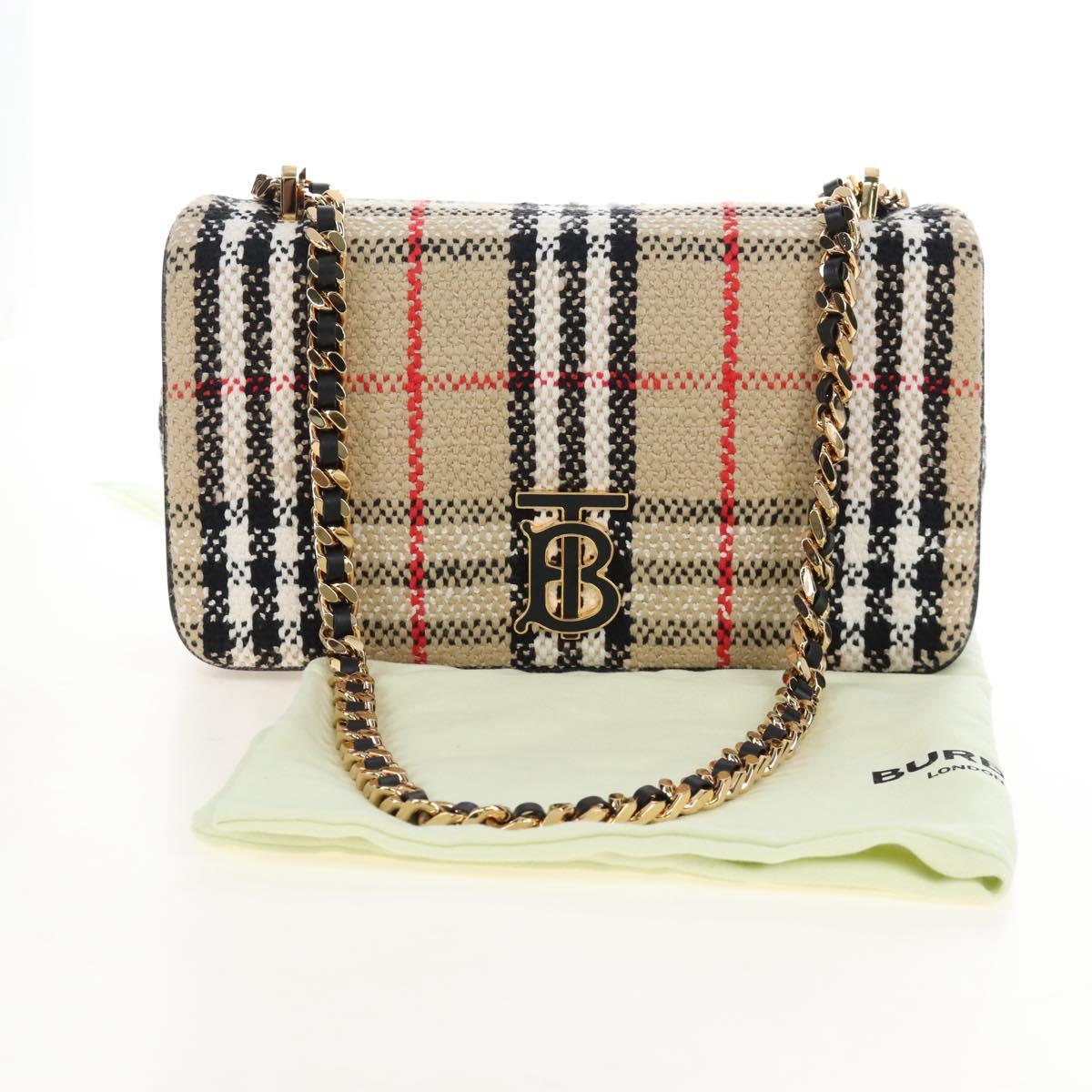 BURBERRY Chain Shoulder Bag Canvas Beige Gold Tone Auth 211838M
