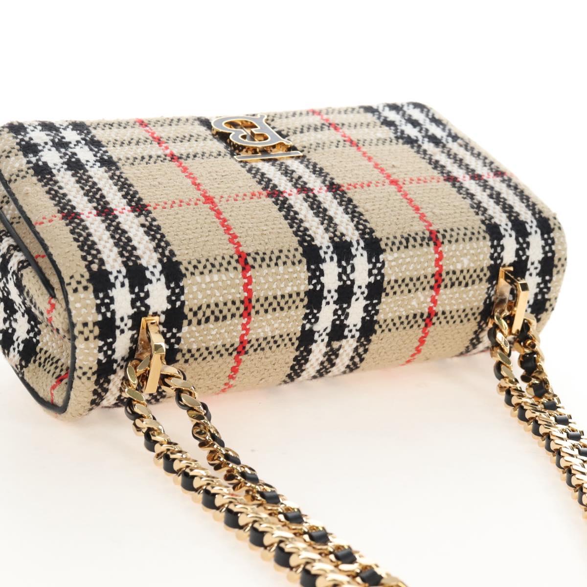 BURBERRY Chain Shoulder Bag Canvas Beige Gold Tone Auth 211838M