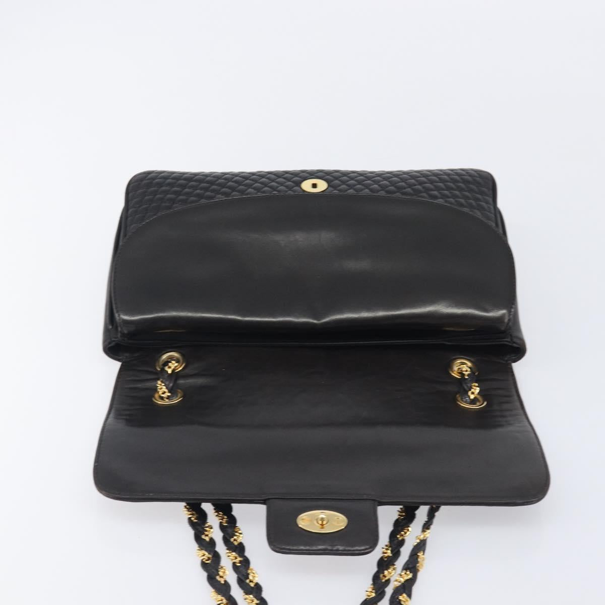 Bally Chain Shoulder Bag Leather Black Gold Auth 211840A