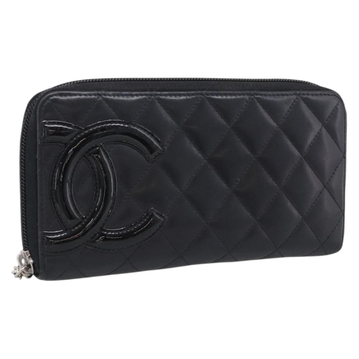 CHANEL Matelasse Cambon Line Long Wallet Lamb Skin Black Silver CC Auth 211852A