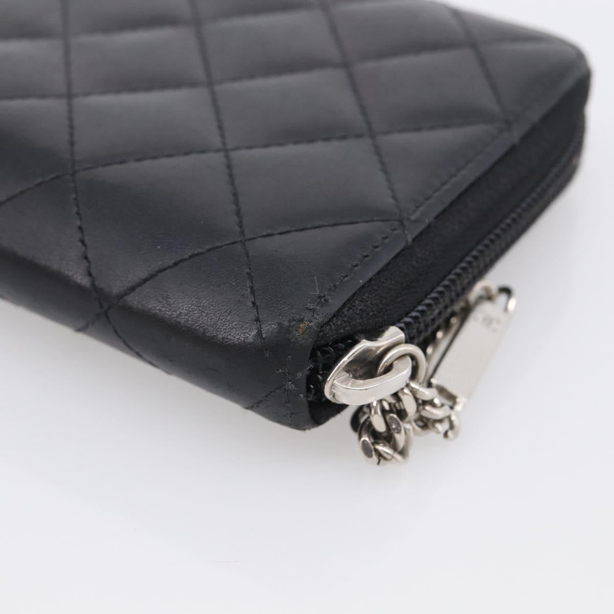 CHANEL Matelasse Cambon Line Long Wallet Lamb Skin Black Silver CC Auth 211852A