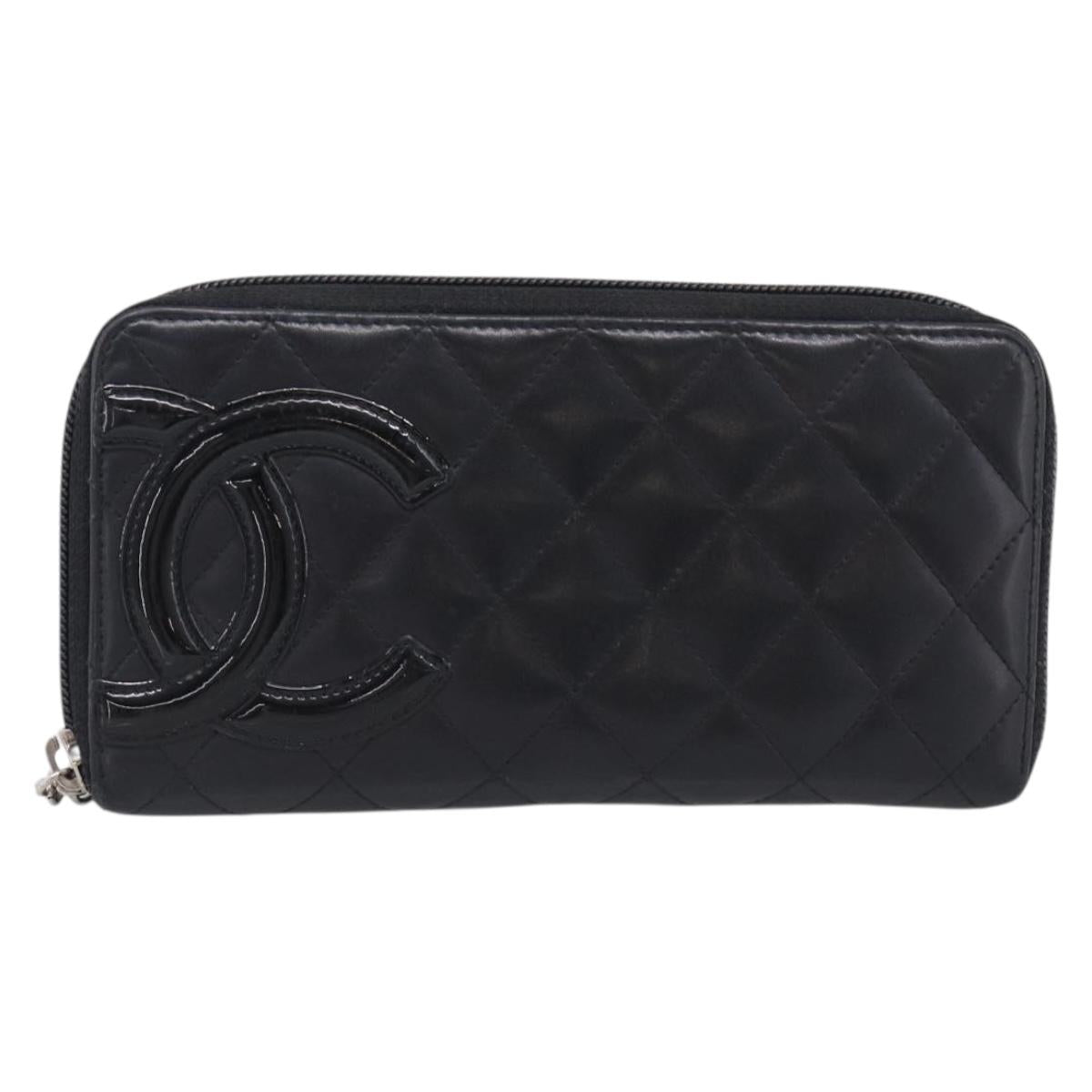 CHANEL Matelasse Cambon Line Long Wallet Lamb Skin Black Silver CC Auth 211852A
