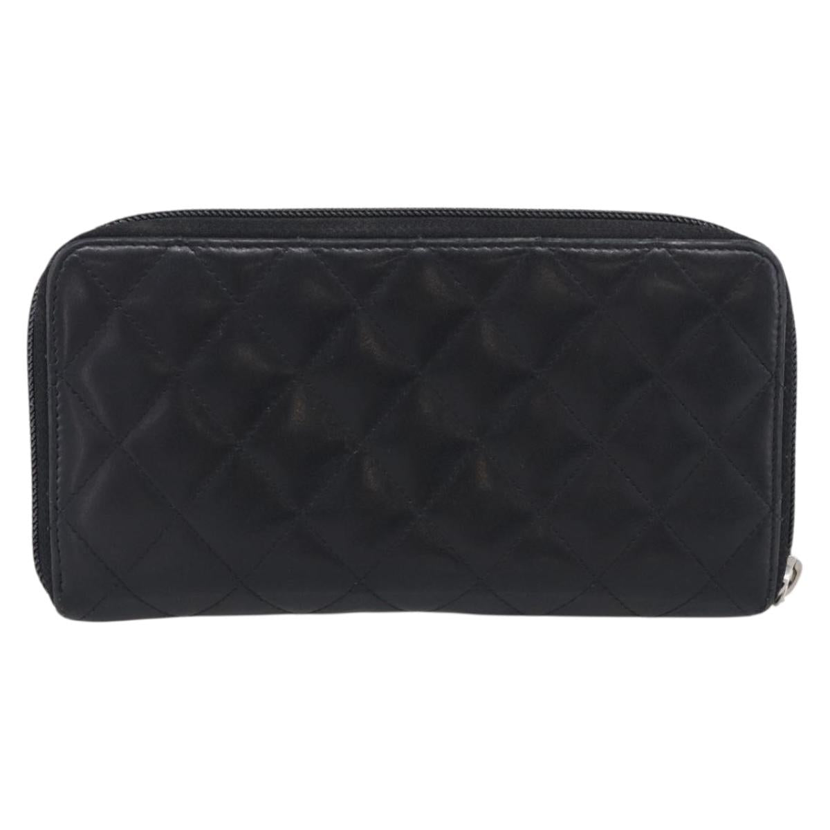 CHANEL Matelasse Cambon Line Long Wallet Lamb Skin Black Silver CC Auth 211852A