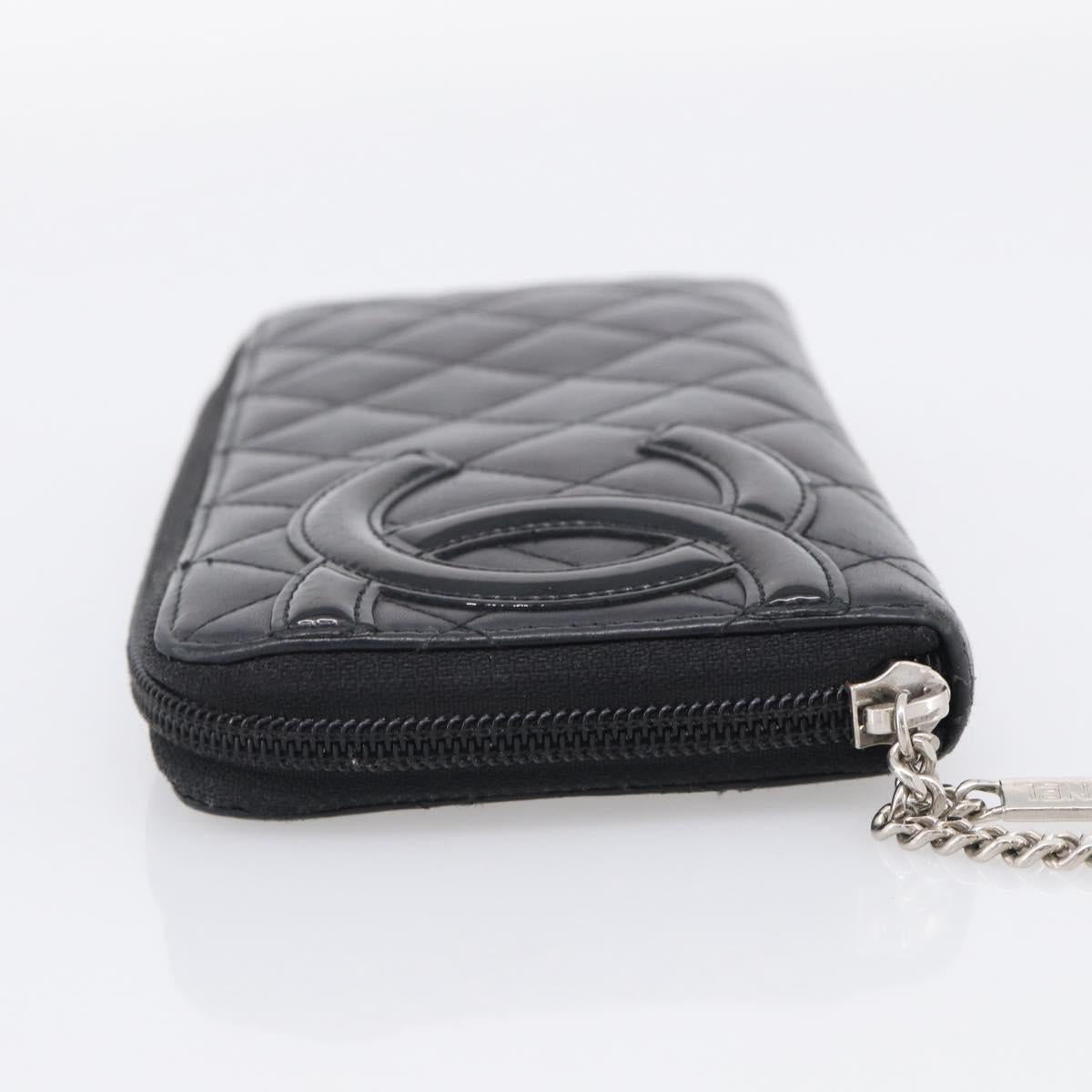 CHANEL Matelasse Cambon Line Long Wallet Lamb Skin Black Silver CC Auth 211852A