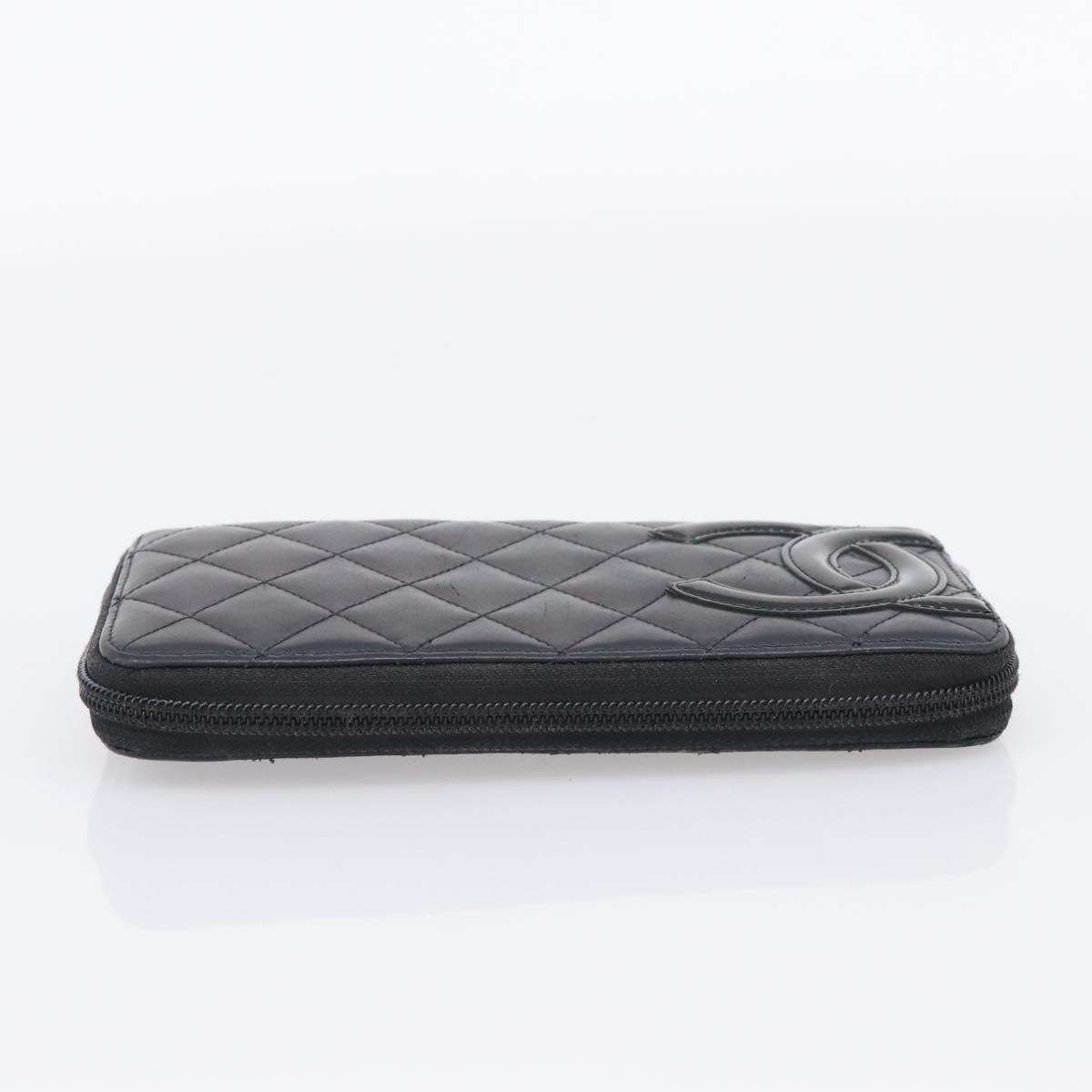 CHANEL Matelasse Cambon Line Long Wallet Lamb Skin Black Silver CC Auth 211852A