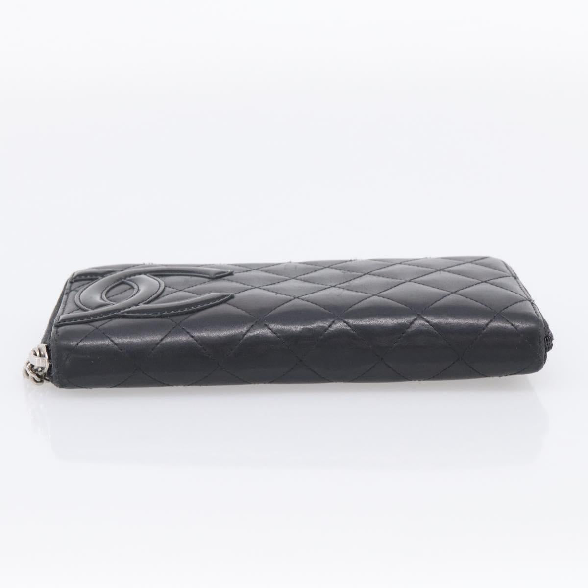 CHANEL Matelasse Cambon Line Long Wallet Lamb Skin Black Silver CC Auth 211852A